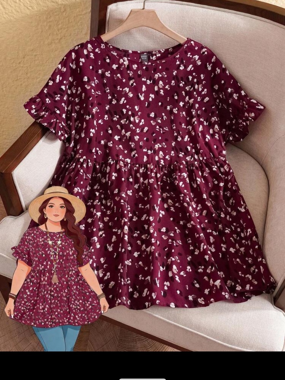 Women's Burgundy Floral Ruffled Sleeve Blouse